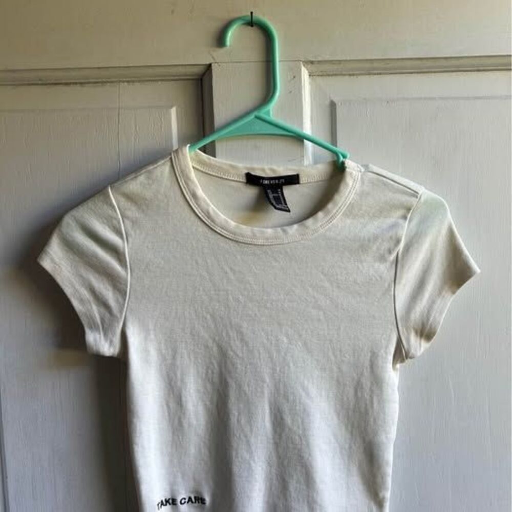 Forever 21 White 'Take Care' Embroidered Crop Top Size Medium